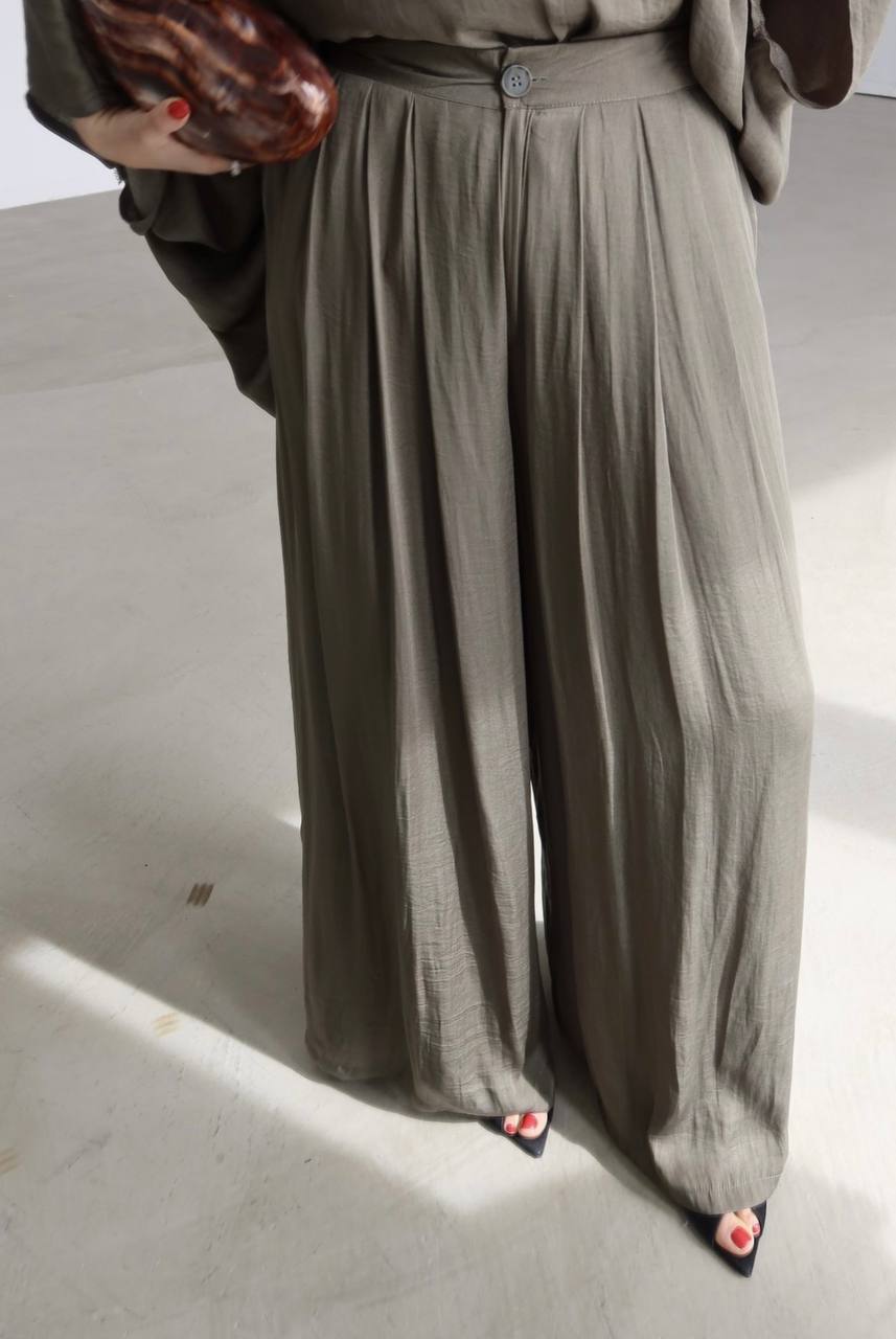 Msyo İkili Takım - Yarasa Kol Bluz ve Bol Paça Pantolon Takımı - Siyah, Kahverengi, Haki