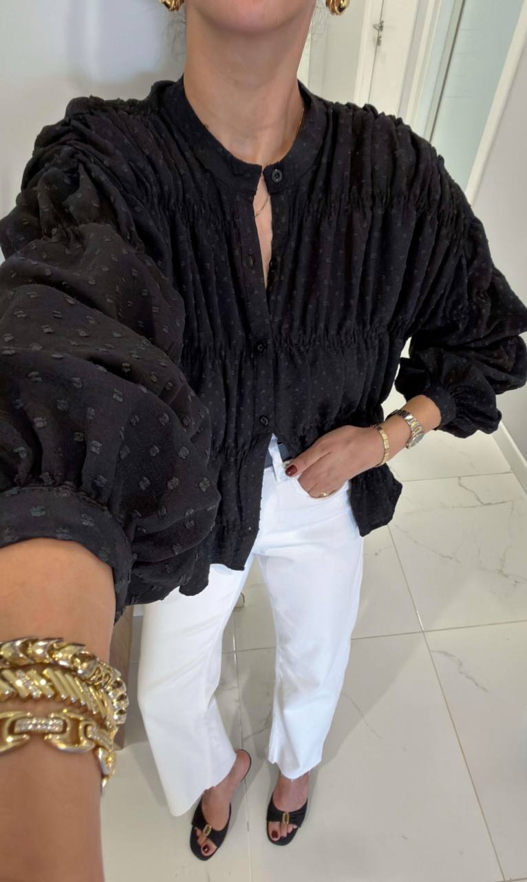 Msyo Büzgülü Bluz - V Yaka Uzun Kollu Puantiyeli Bluz - Siyah