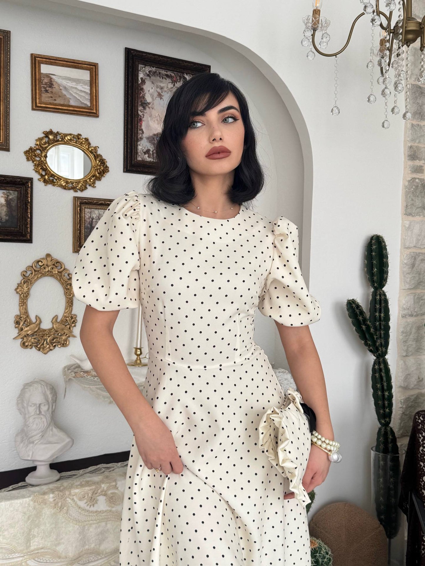 Etke Puantiyeli Balon Kollu Maxi Elbise - Yuvarlak Yaka Vintage - Kahverengi