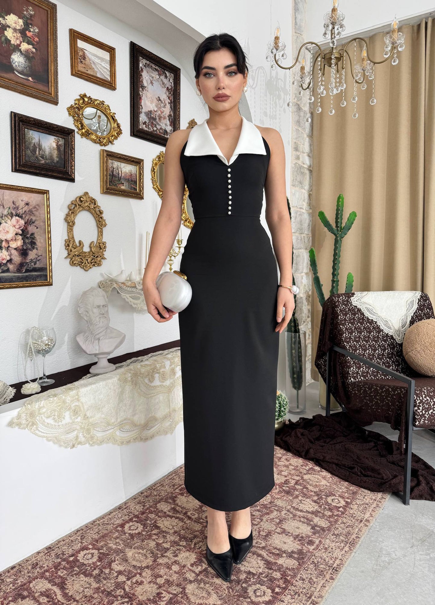 Etki Maxi Elbise - Halter Yaka İnci Detaylı Düğmeli Elbise - Siyah Beyaz