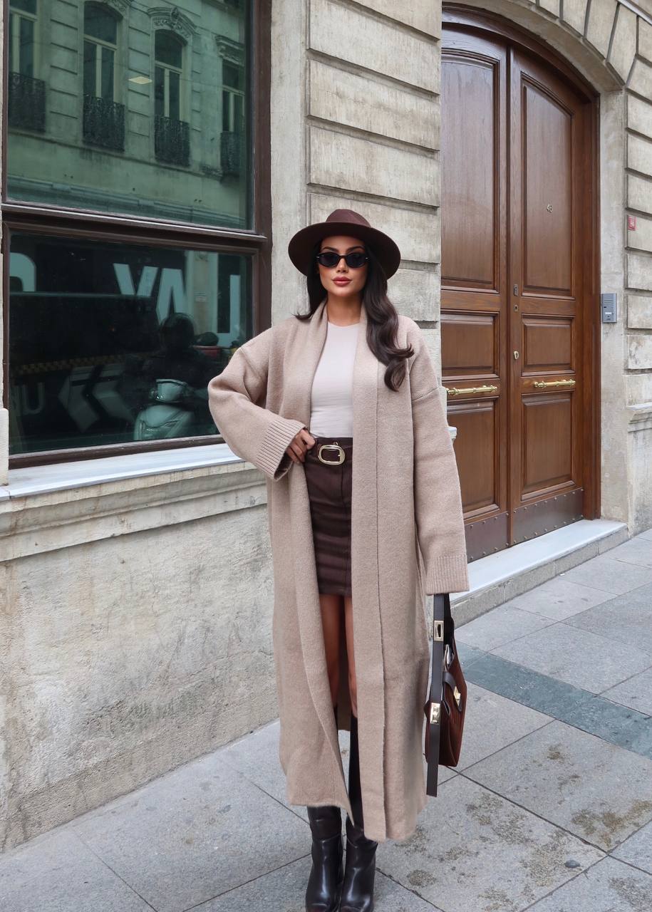 Selanik Örgü Şal Yaka Oversize Maxi Kadın Hırka