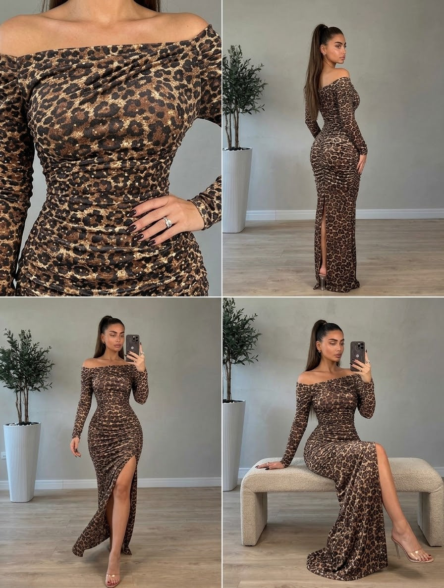 Taş Detaylı Leopar Desenli Drapeli Maxi Elbise