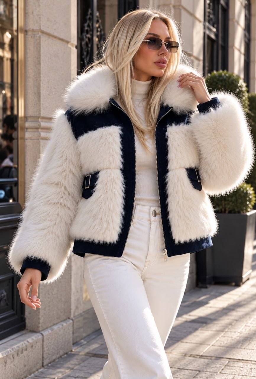 Kontrast Fırfırlı Süet Peplum Ceket - Siyah Beyaz