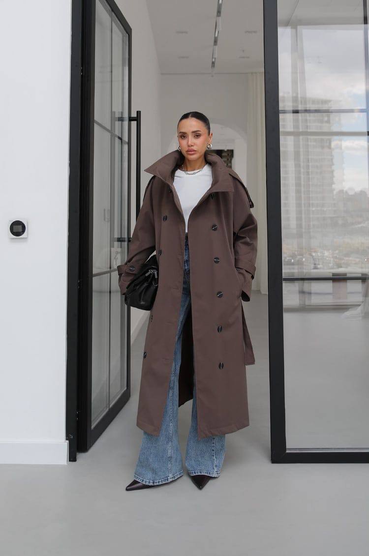 Yüksek Yaka Kruvaze Trençkot - Kahverengi Kadın Trench Coat