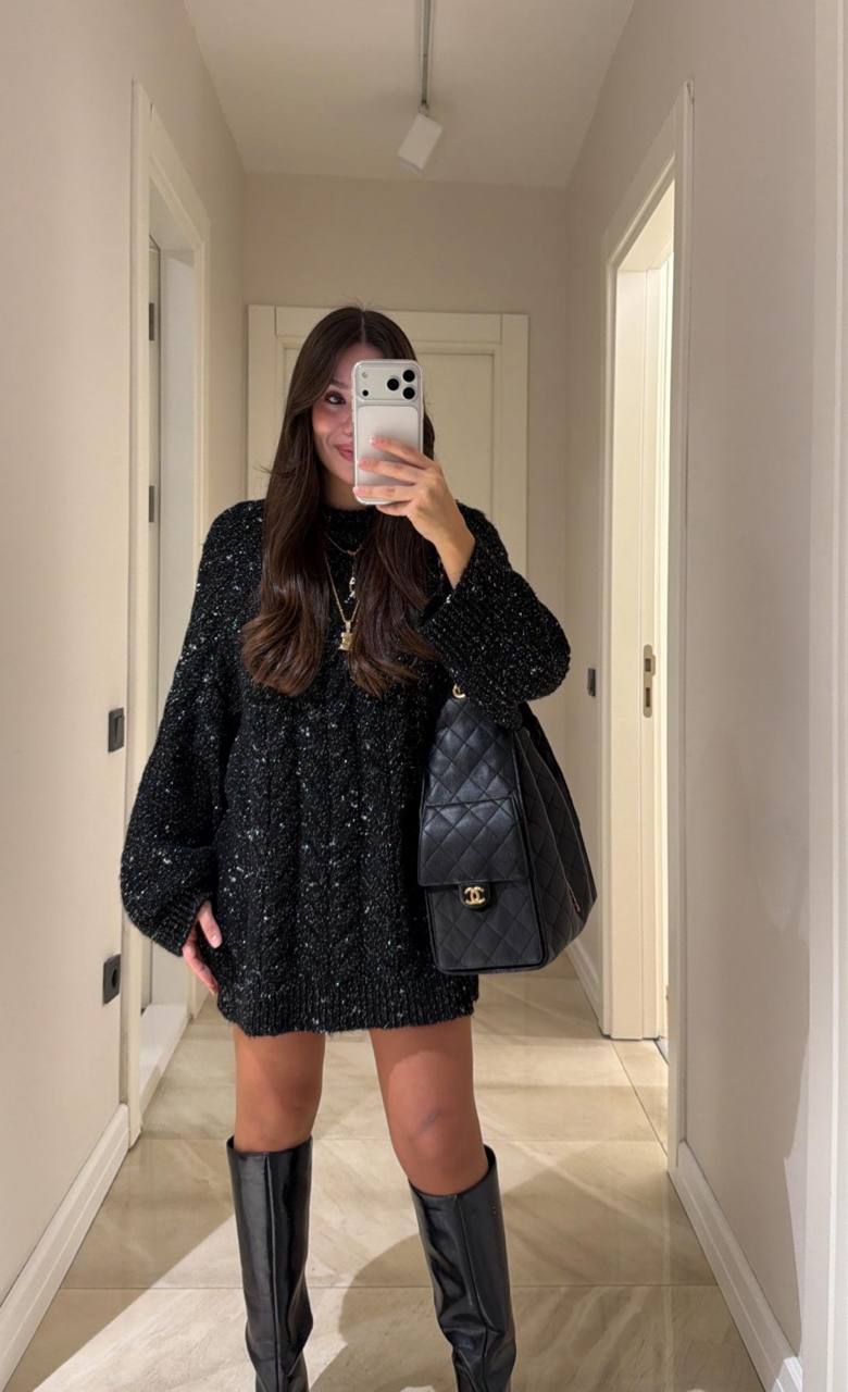Oversize Saç Örgü Triko Kazak Yarasa Kol Kadın