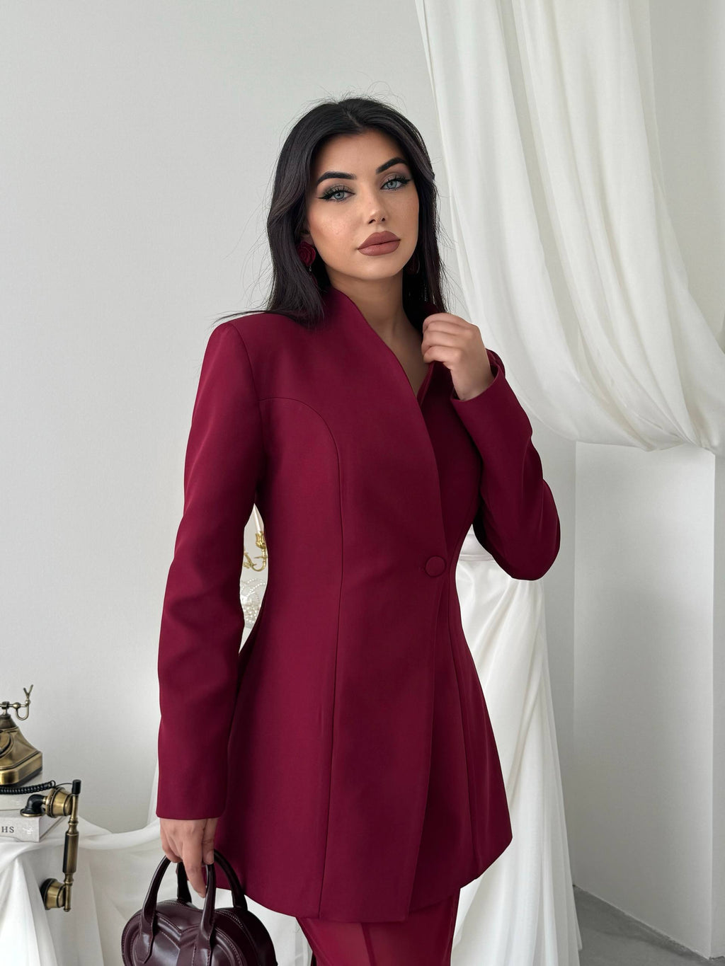 Yaka Detaylı Blazer Ceket Şifon Etek Takım - Uzun Kollu Kadın Takım Elbise