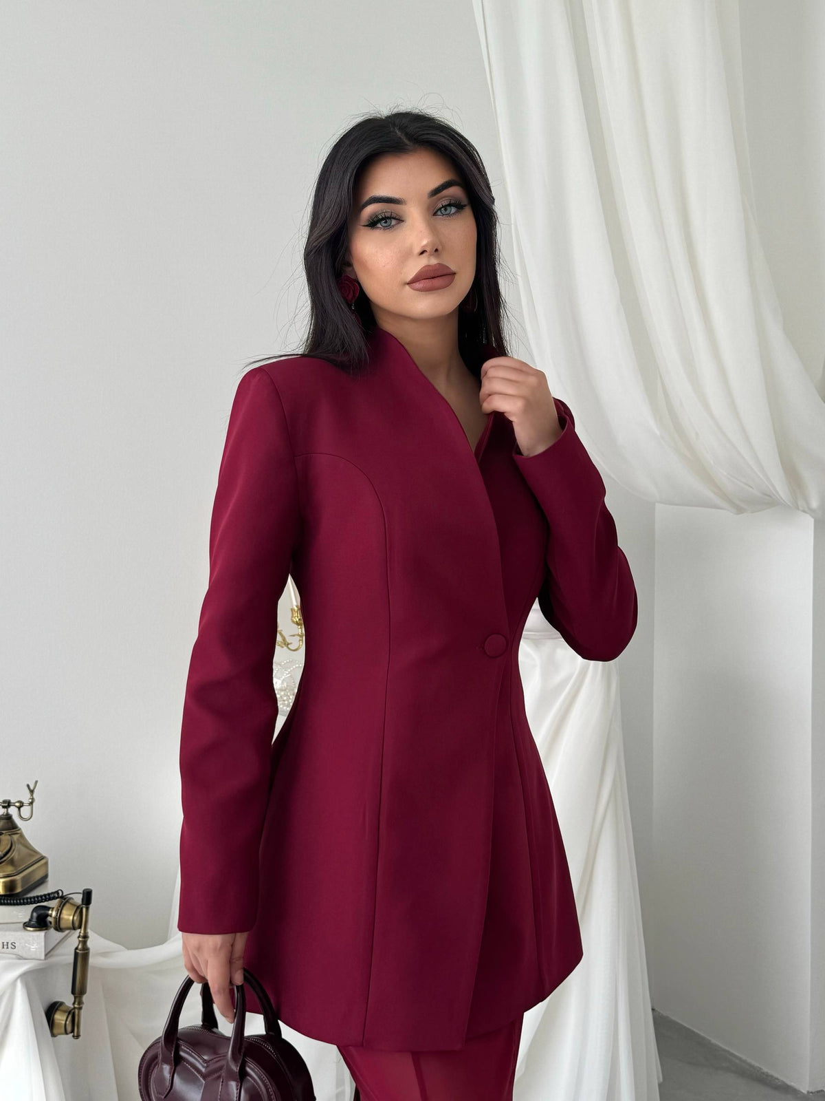 Yaka Detaylı Blazer Ceket Şifon Etek Takım - Uzun Kollu Kadın Takım Elbise