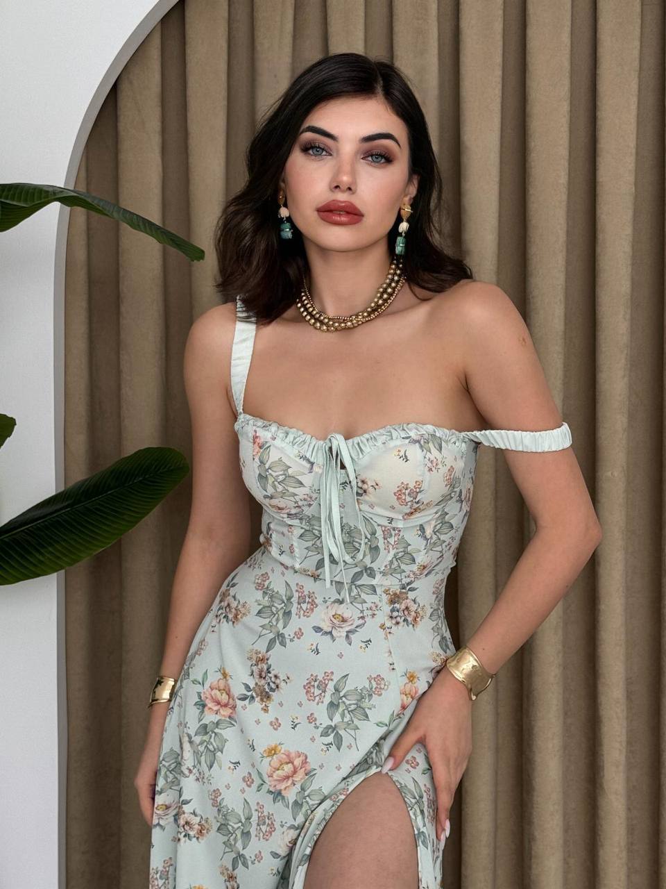 Çiçek Desenli Korset Midi Elbise