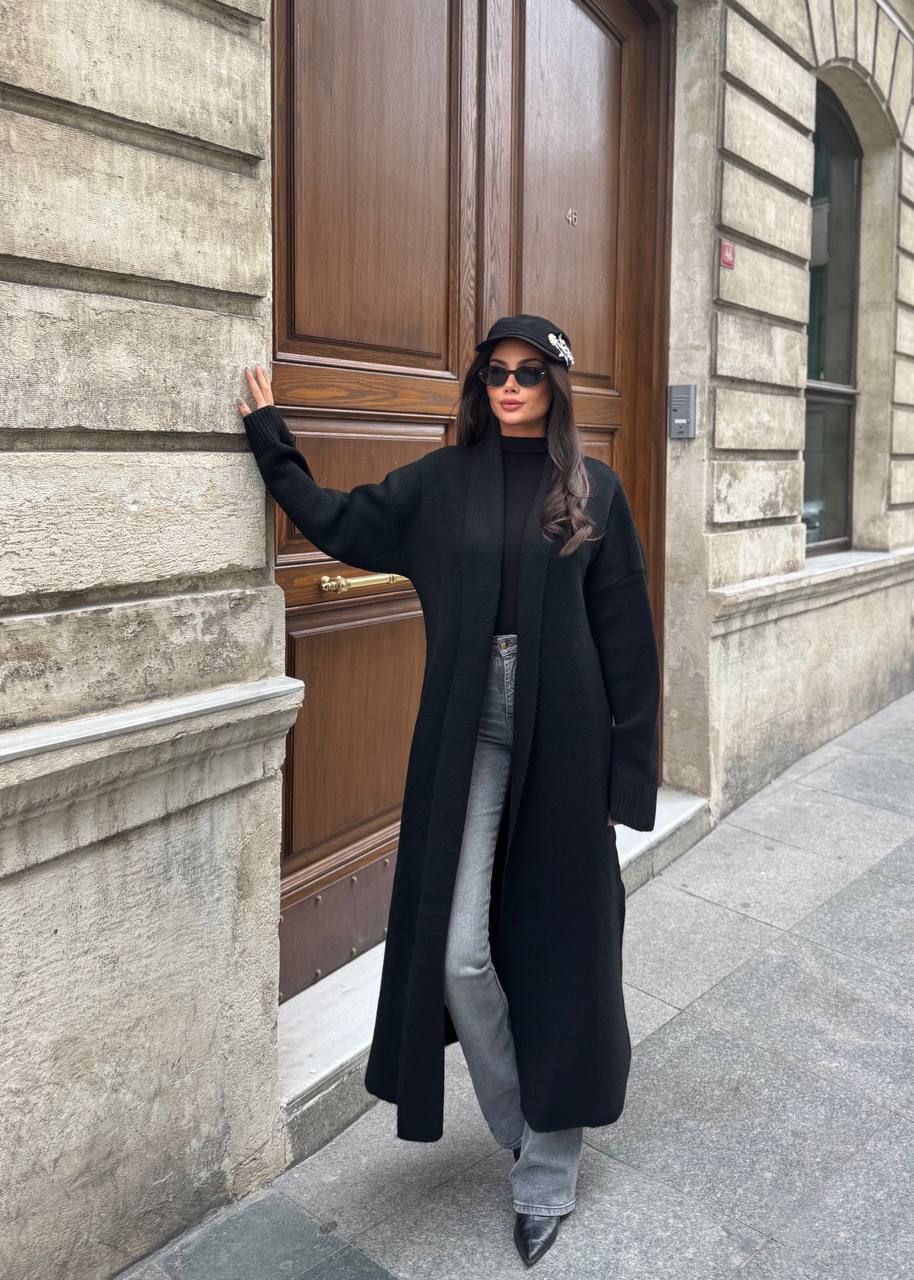 Selanik Örgü Şal Yaka Oversize Maxi Kadın Hırka