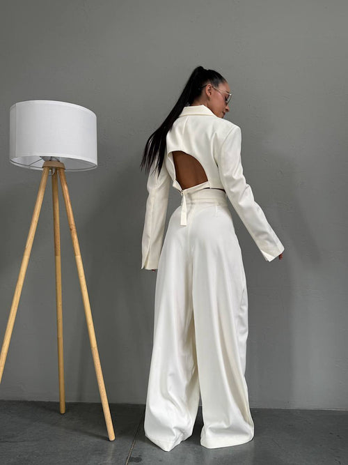 Crop Blazer Ceket ve Bol Paça Pantolon Takım - 3 Renk