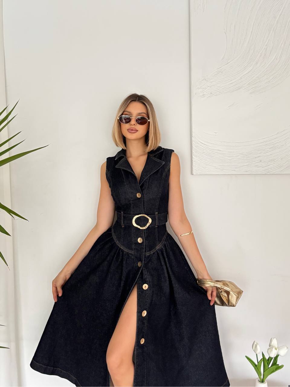 Denim Button-Down Dress with Belt Detail