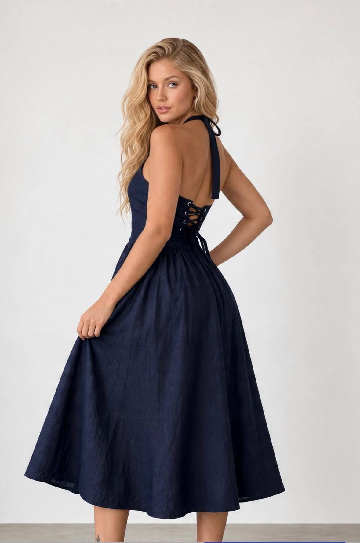 Halter Yaka Sırtı Bağcıklı Denim Midi Elbise - Lacivert