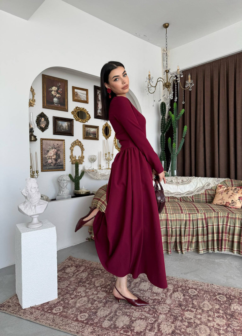 Belden Büzgülü Düz Yaka Elbise - Uzun Kollu Kadın Elbise