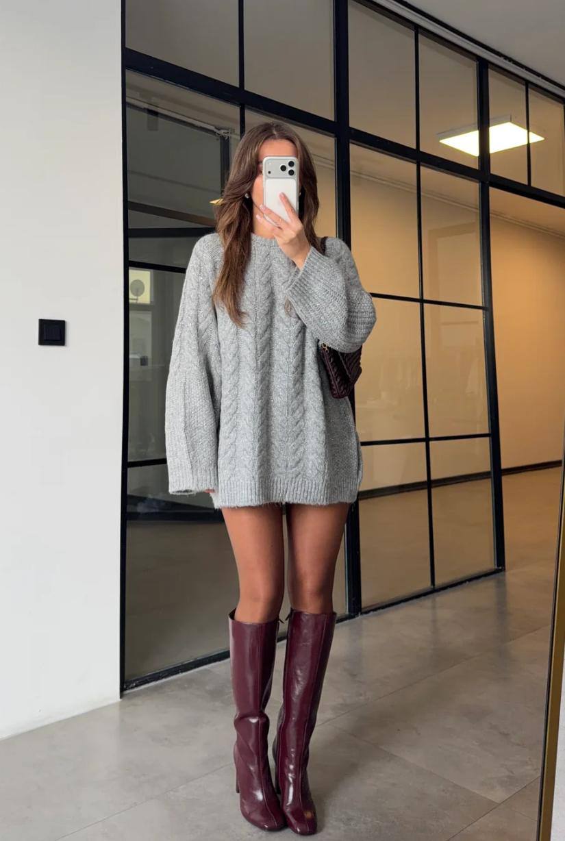 Oversize Saç Örgü Triko Kazak Yarasa Kol Kadın