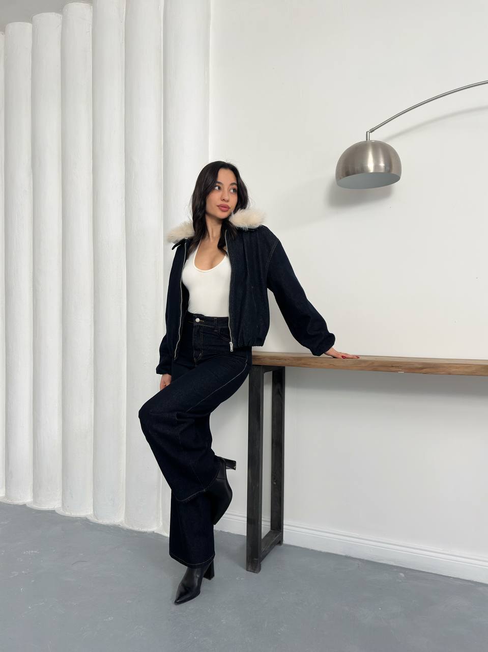 Kairi Kürk Yakalı Fermuarlı Bomber Ceket Pantolon Takımı - Kahverengi, Lacivert