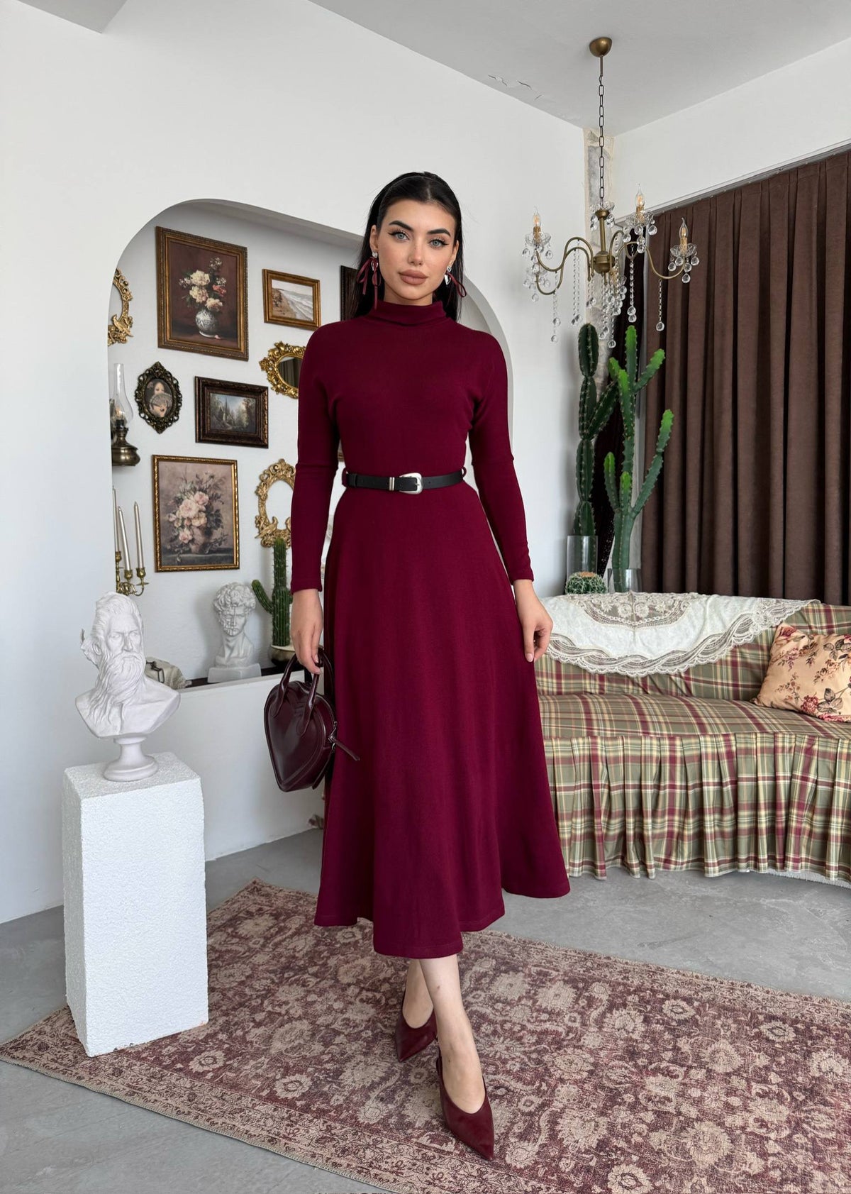 Triko Kemerli Balıkçı Yaka Elbise - Uzun Kollu Kadın Elbise