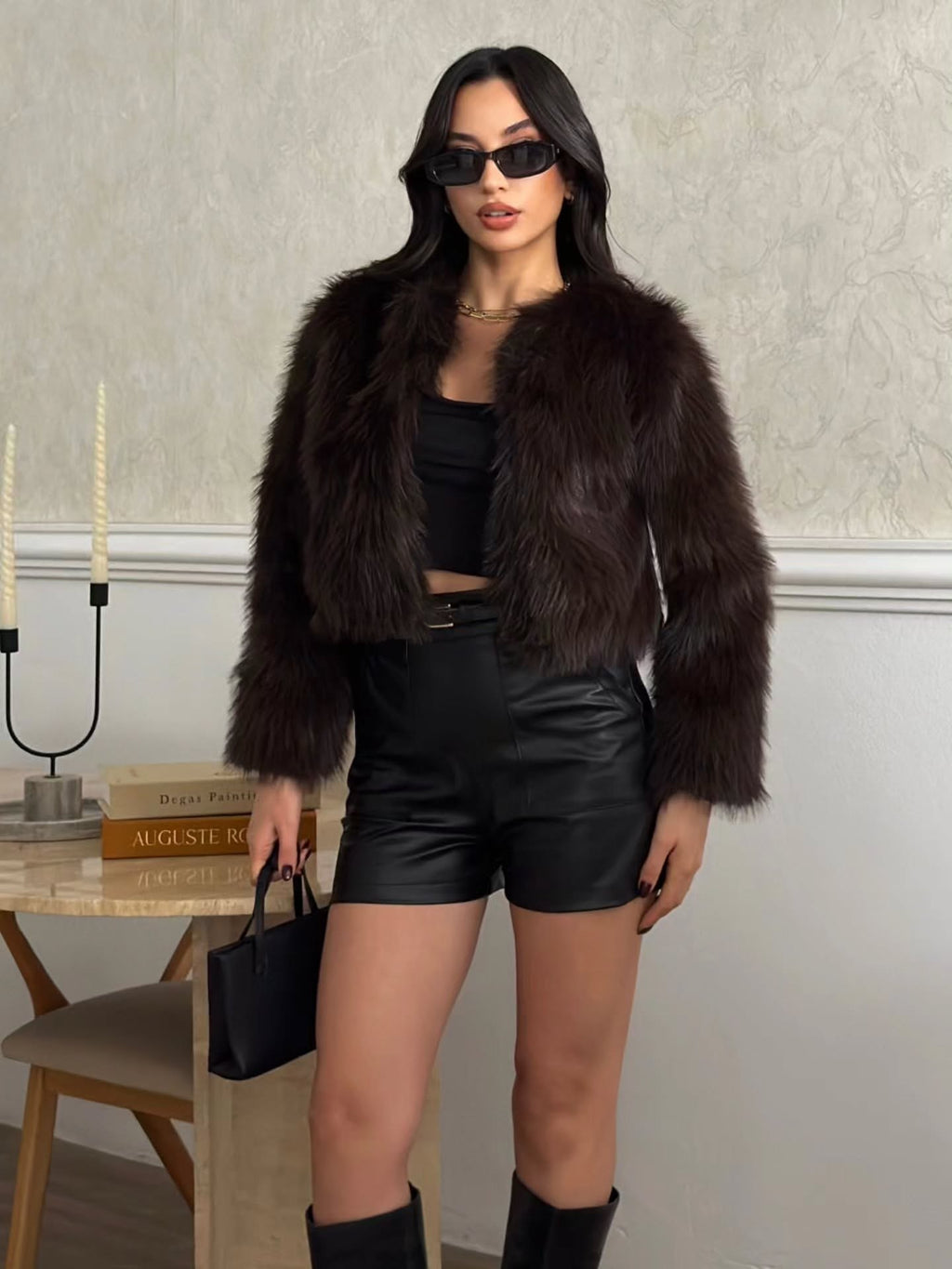 Crop Peluş Suni Kürk Ceket