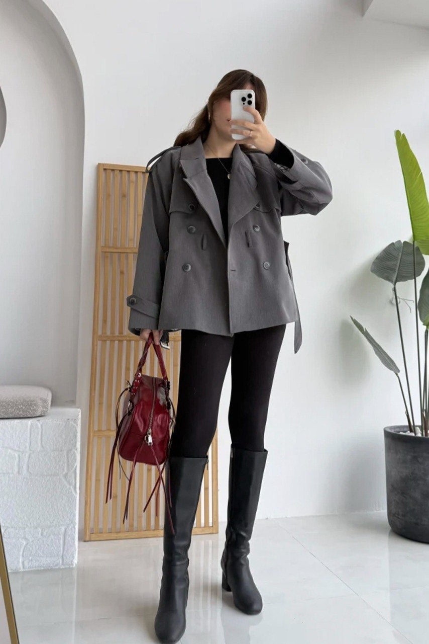 Kuşaklı Oversize Kısa Trençkot