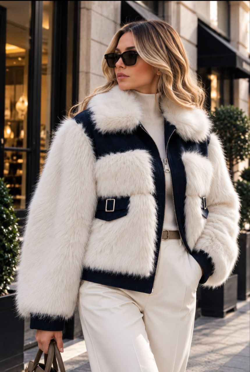 Kontrast Fırfırlı Süet Peplum Ceket - Siyah Beyaz