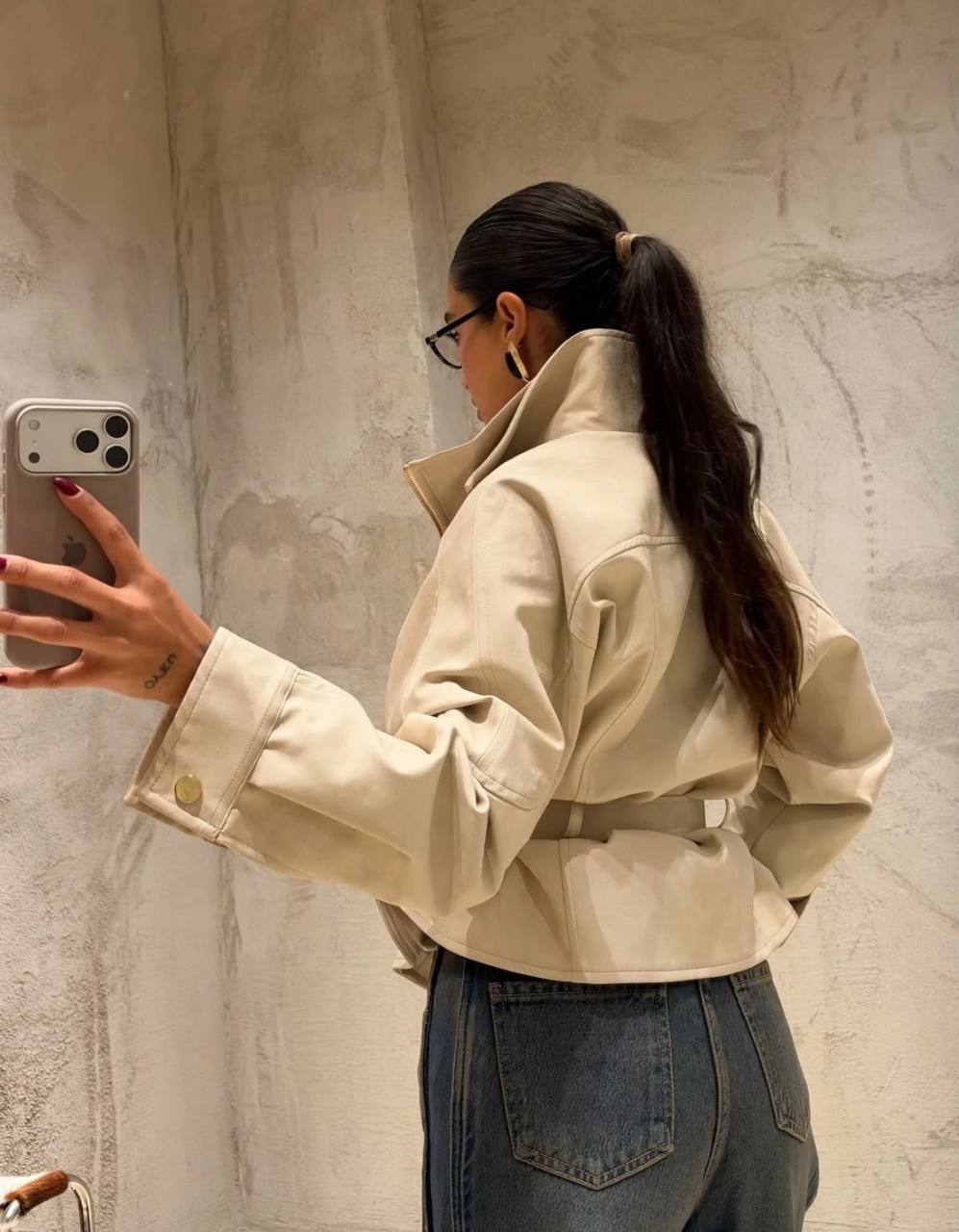 Kemerli Suni Deri Biker Ceket - Altın Fermuarlı Oversize Kadın Deri Ceket