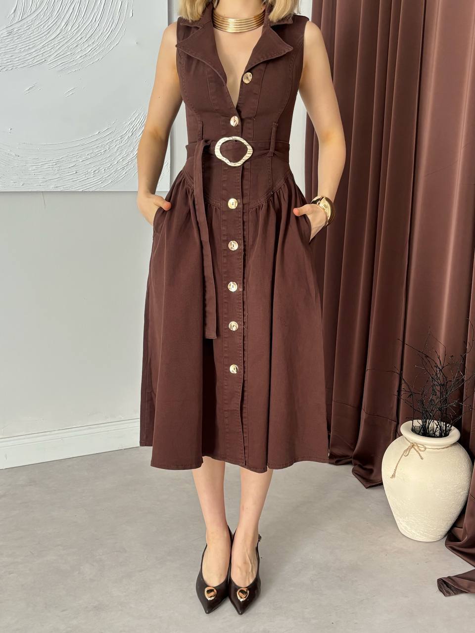Denim Button-Down Dress with Belt Detail