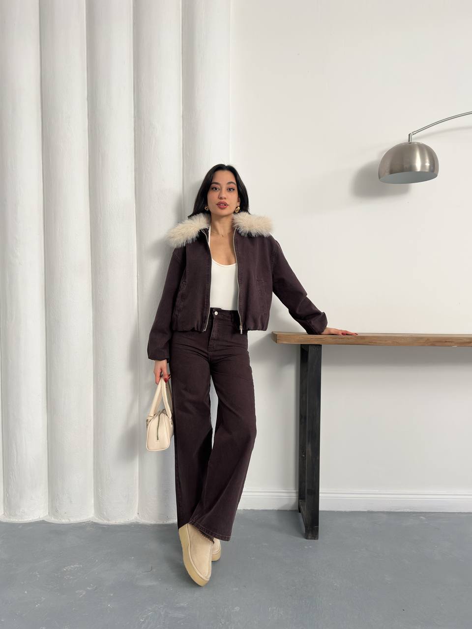 Kairi Kürk Yakalı Fermuarlı Bomber Ceket Pantolon Takımı - Kahverengi, Lacivert