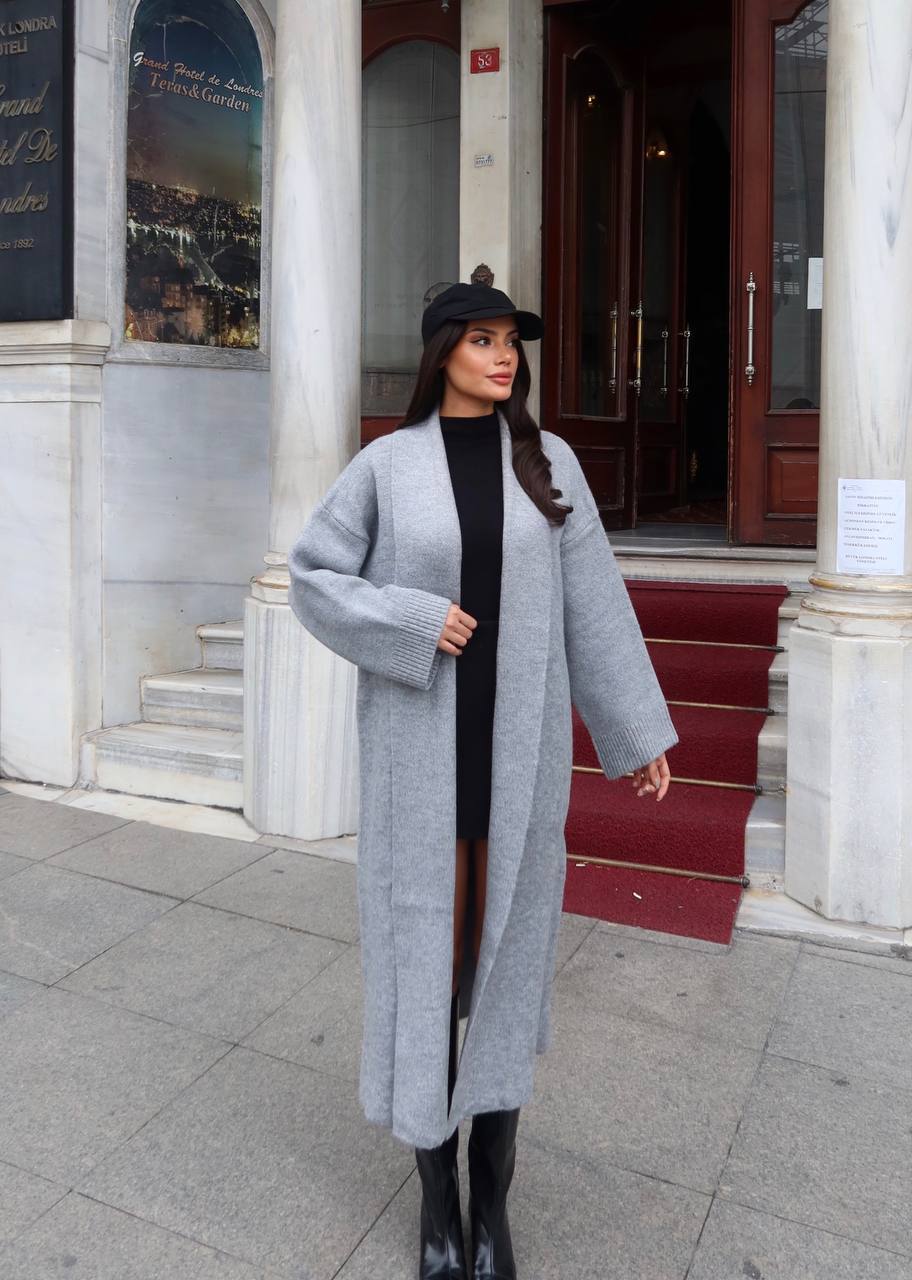 Selanik Örgü Şal Yaka Oversize Maxi Kadın Hırka