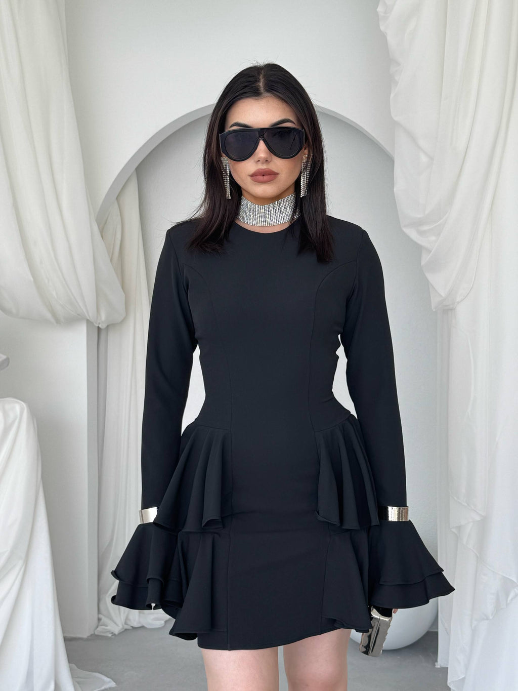 Çift Volanlı Kollu Mini Elbise - Peplum Detaylı Kadın Elbise