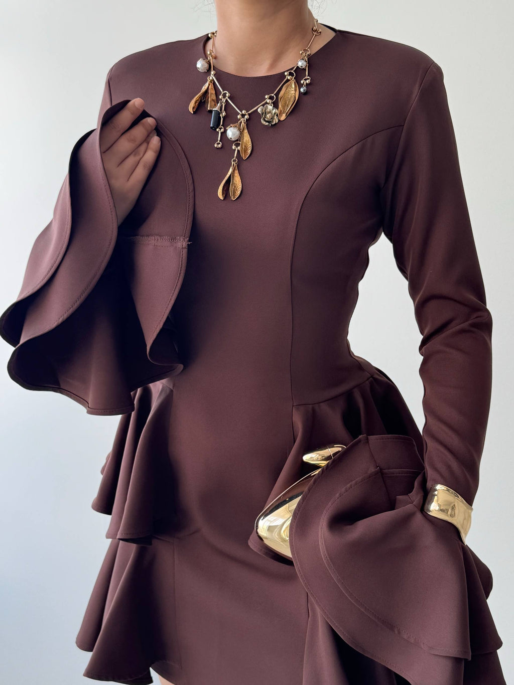 Çift Volanlı Kollu Mini Elbise - Peplum Detaylı Kadın Elbise