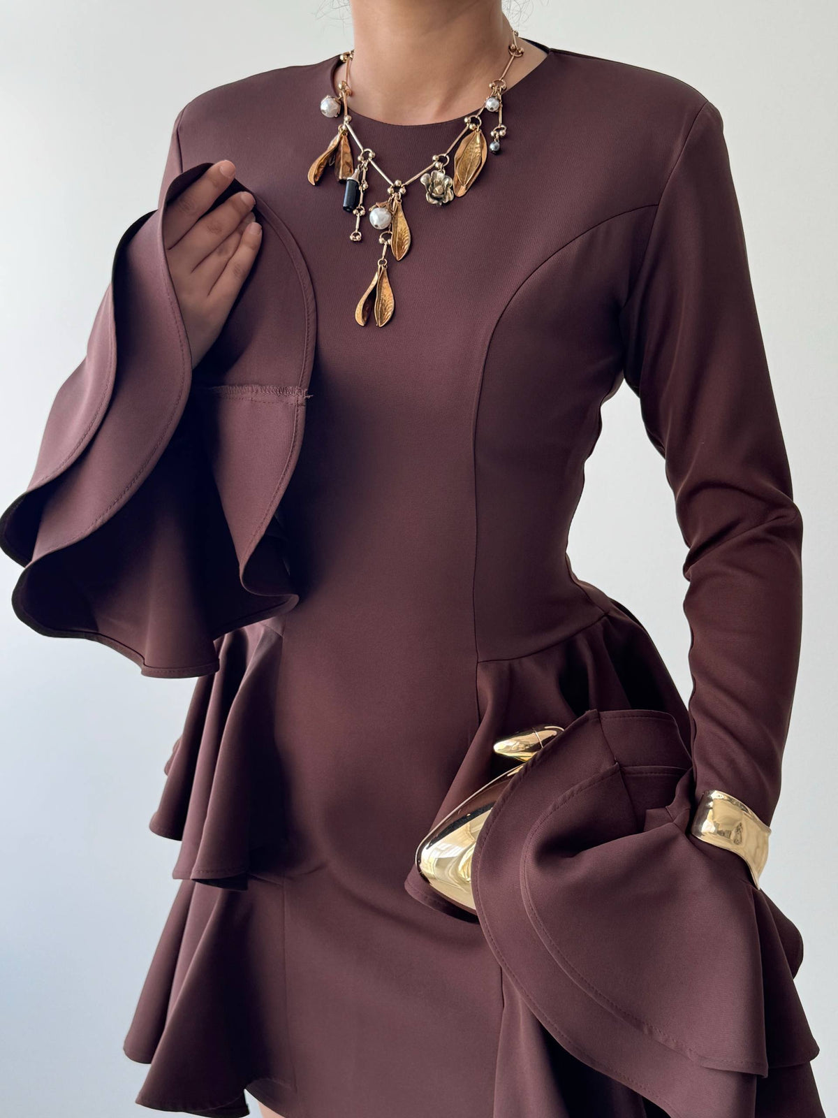 Çift Volanlı Kollu Mini Elbise - Peplum Detaylı Kadın Elbise