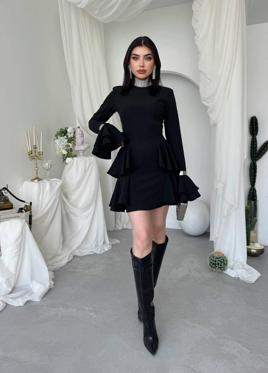 Çift Volanlı Kollu Mini Elbise - Peplum Detaylı Kadın Elbise