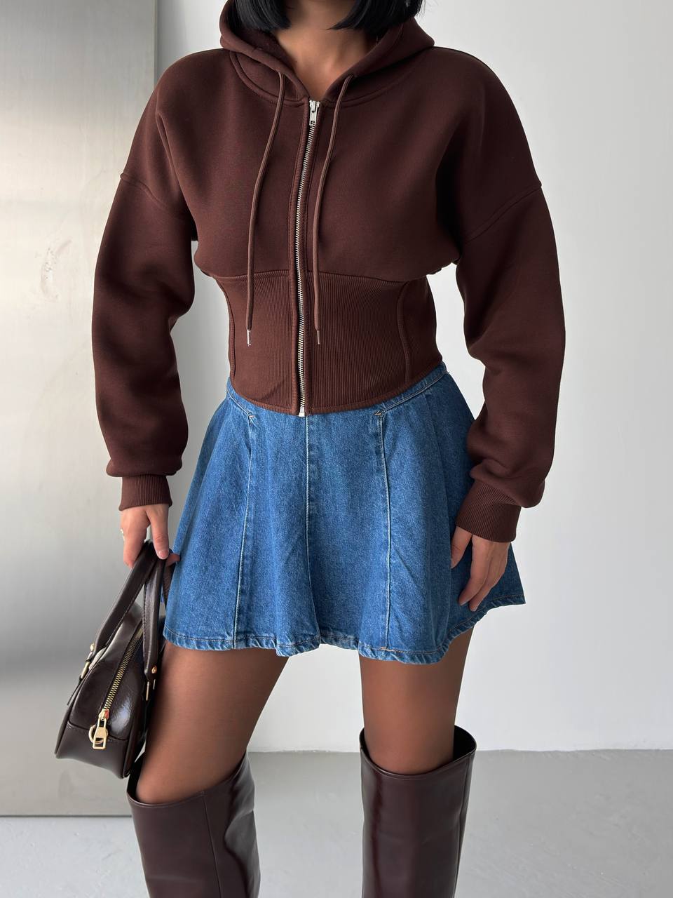 Korseli Fermuarlı Crop Sweat