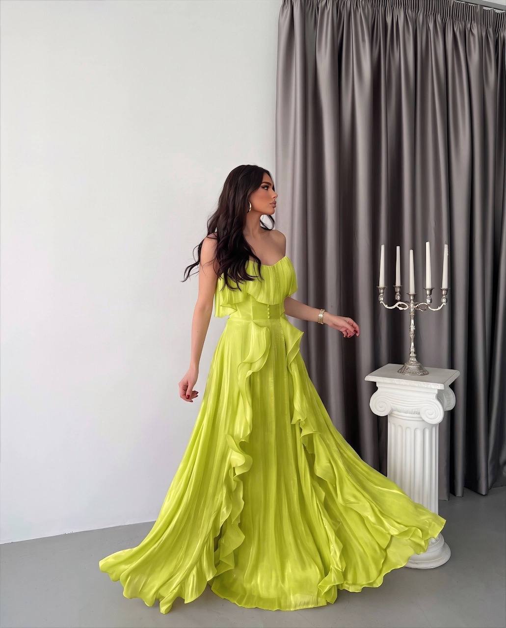Fırfırlı Straplez Maxi Abiye Elbise