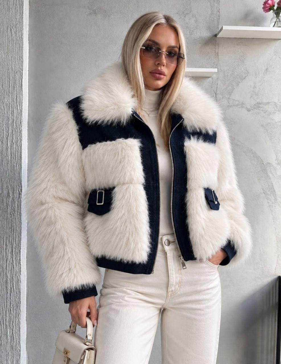 Kontrast Fırfırlı Süet Peplum Ceket - Siyah Beyaz