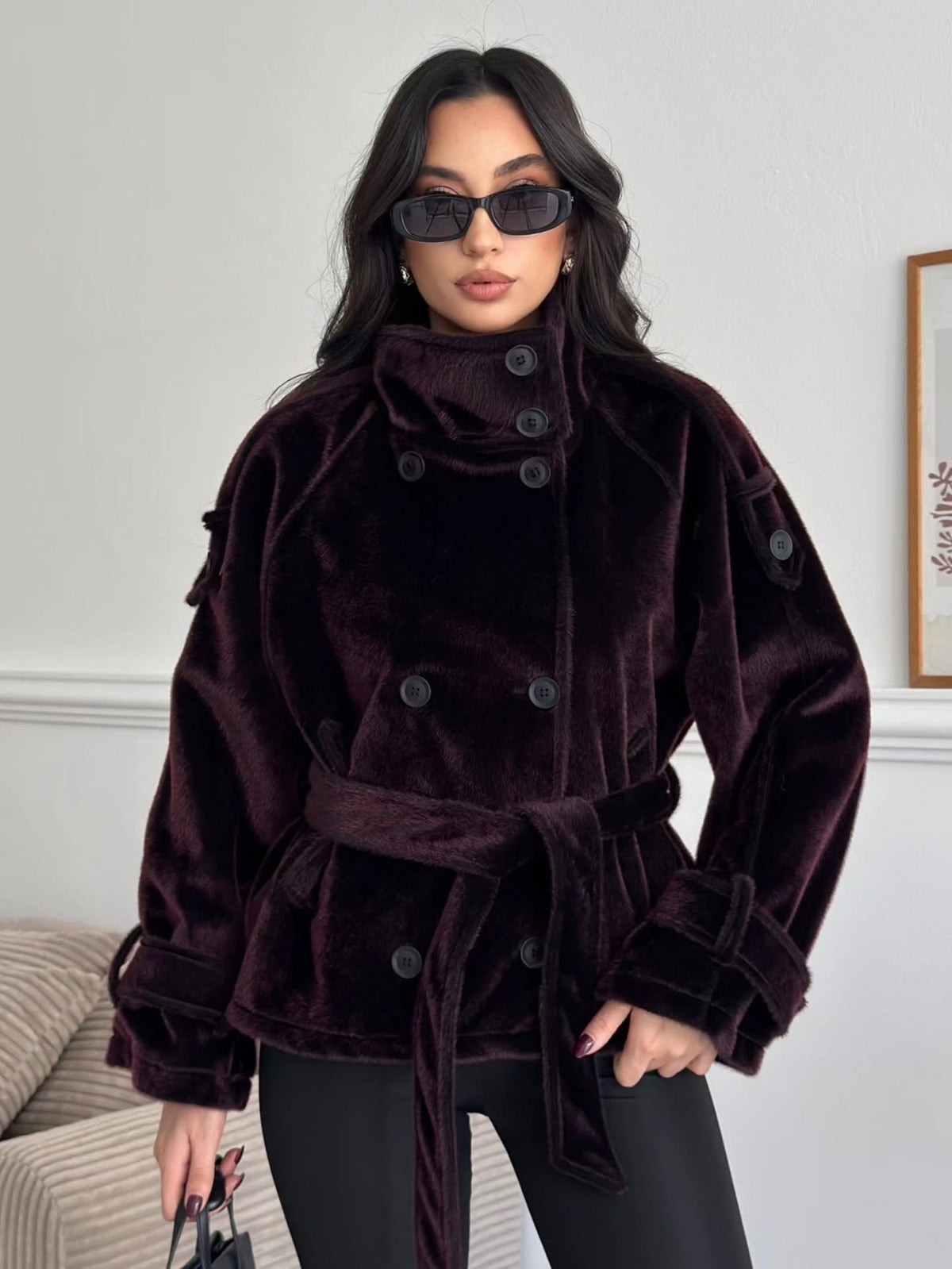 Dik Yaka Düğmeli Kemerli Multi Color Fox Kısa Ceket