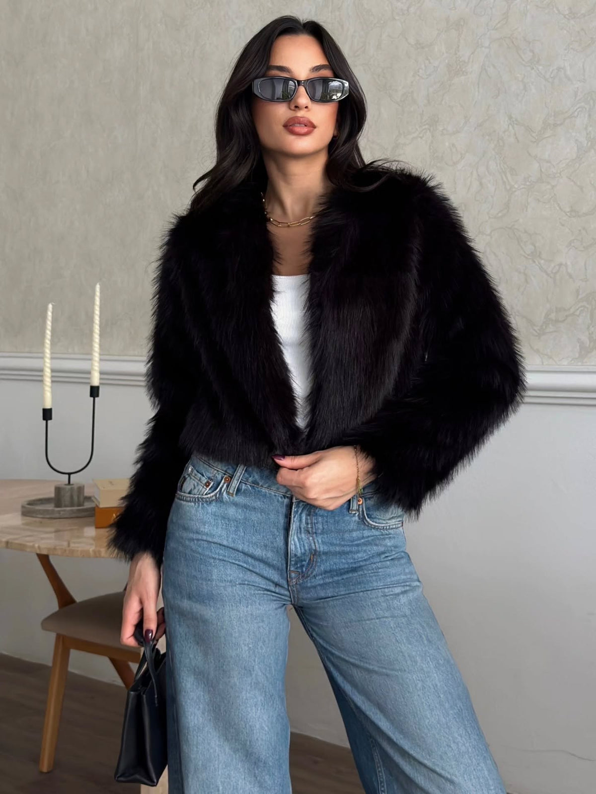 Crop Peluş Suni Kürk Ceket