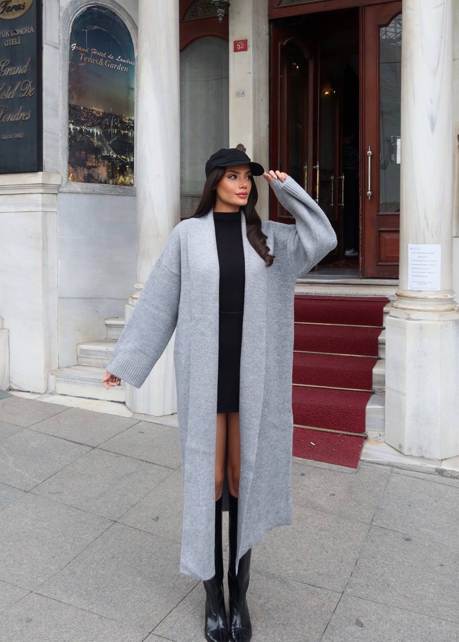 Selanik Örgü Şal Yaka Oversize Maxi Kadın Hırka