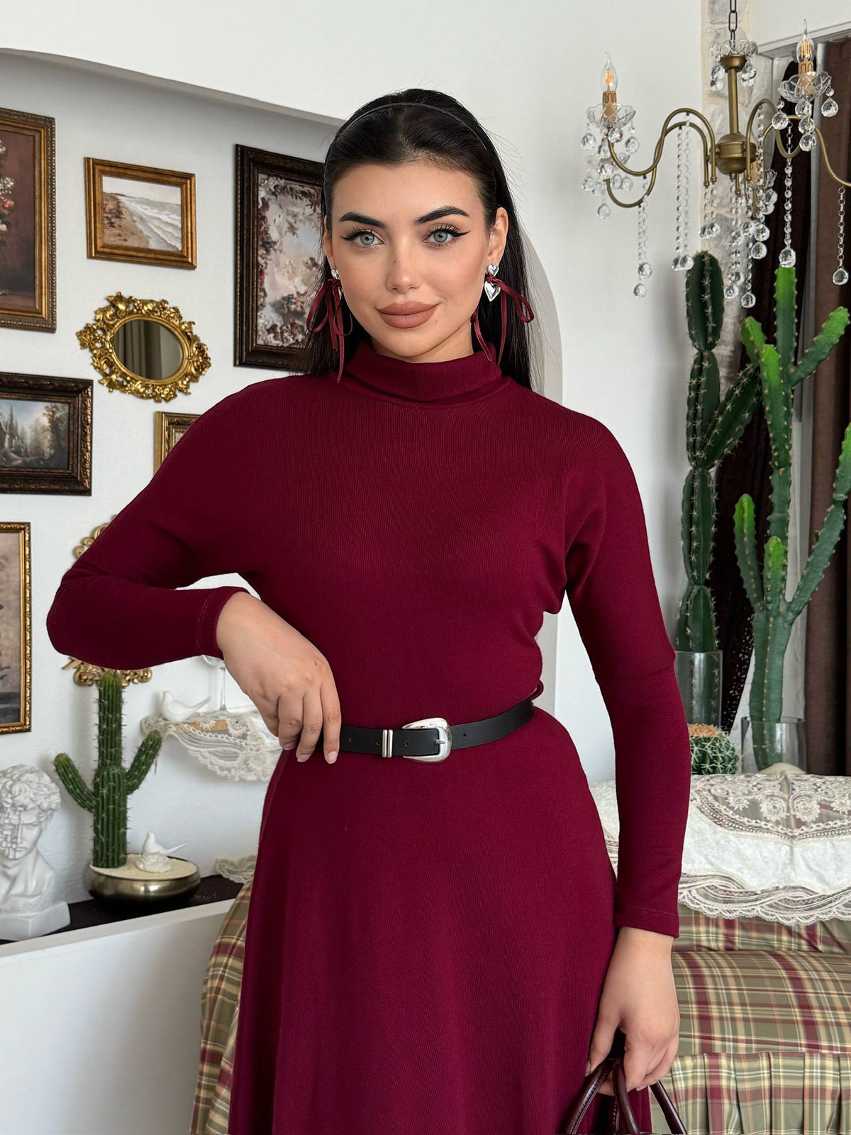 Triko Kemerli Balıkçı Yaka Elbise - Uzun Kollu Kadın Elbise