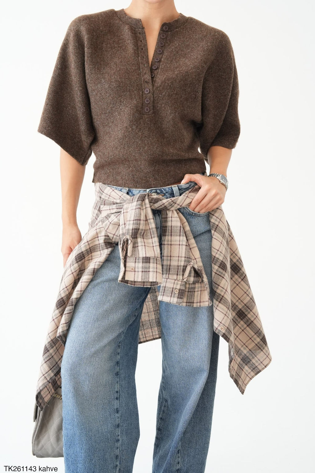Henley Yaka Düğme Detaylı Kısa Kollu Oversize Triko Üst