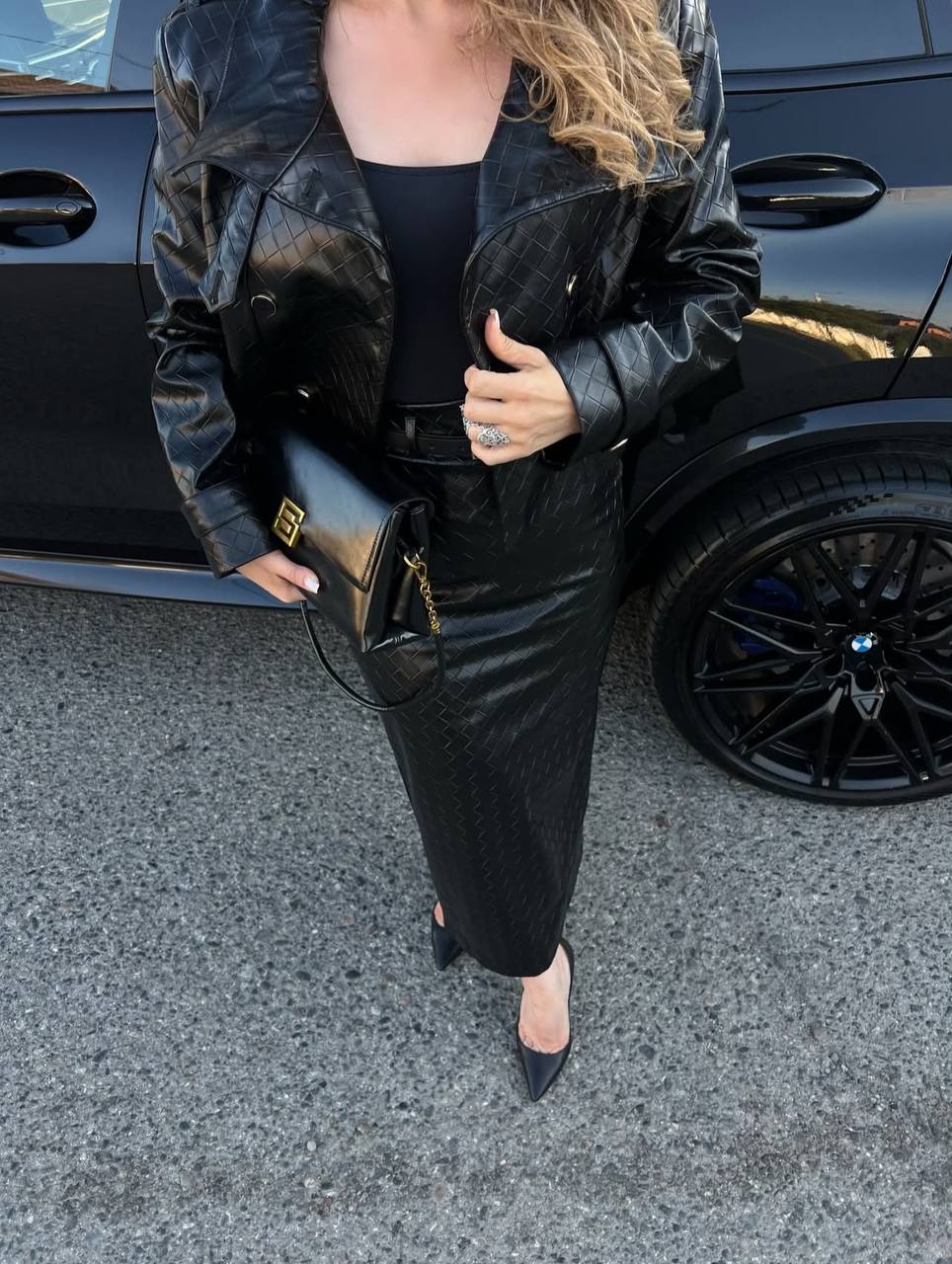Bottega Deri Kumaş Düğme Detaylı Ceket Etek İkili Takım - 2 Renk