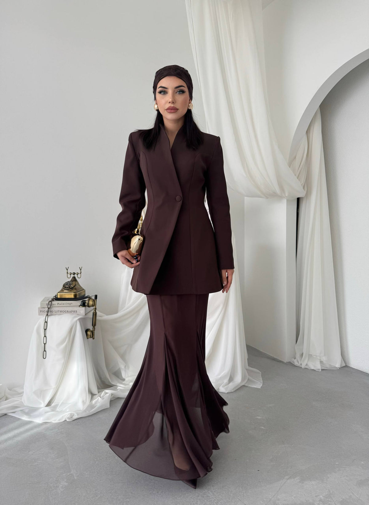 Yaka Detaylı Blazer Ceket Şifon Etek Takım - Uzun Kollu Kadın Takım Elbise