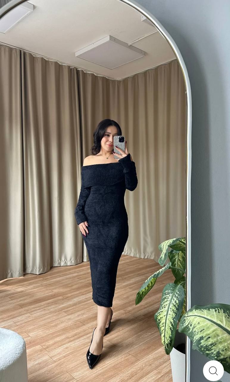 Kayık Yaka Triko Elbise Kadın Tüylü Midi Boy