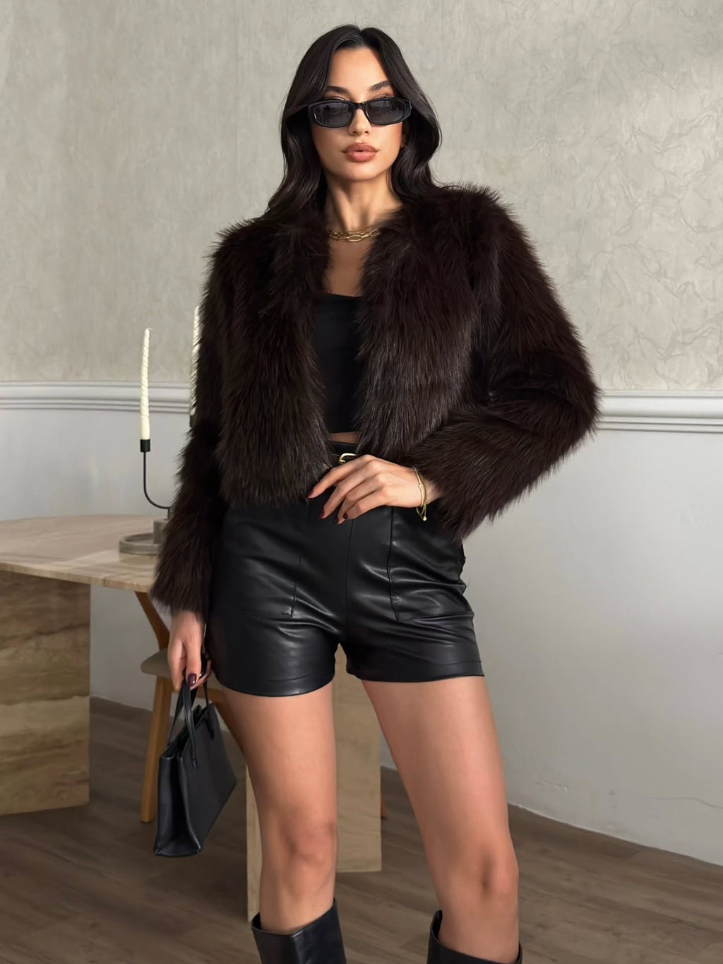 Crop Peluş Suni Kürk Ceket