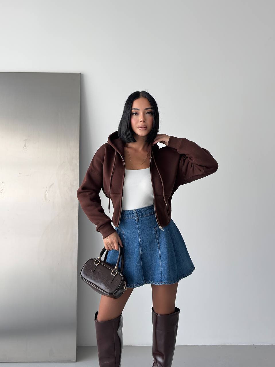 Korseli Fermuarlı Crop Sweat