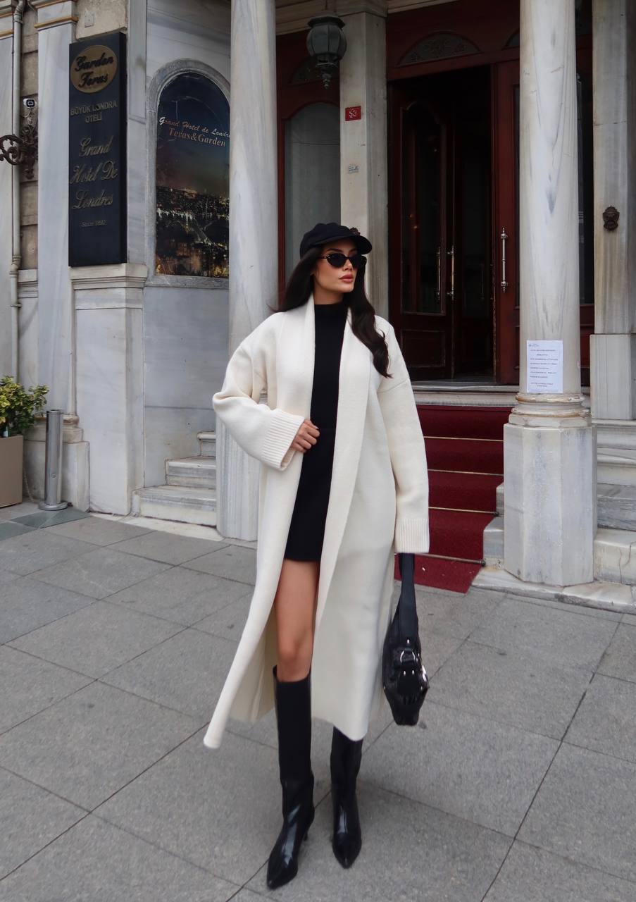 Selanik Örgü Şal Yaka Oversize Maxi Kadın Hırka