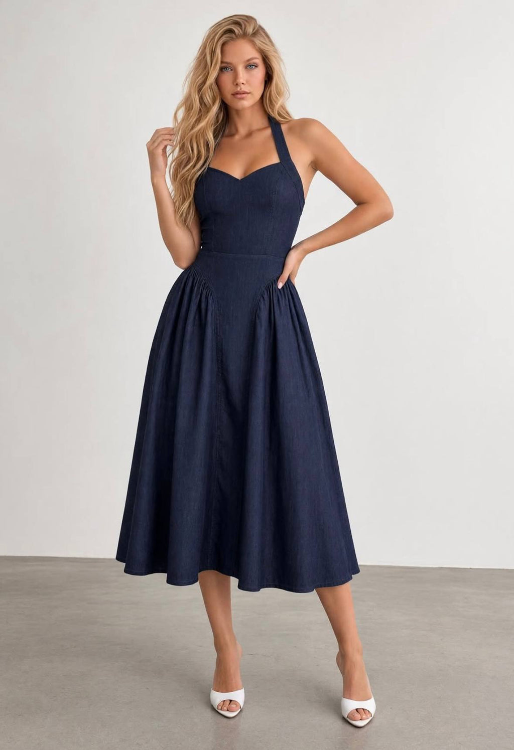 Halter Yaka Sırtı Bağcıklı Denim Midi Elbise - Lacivert