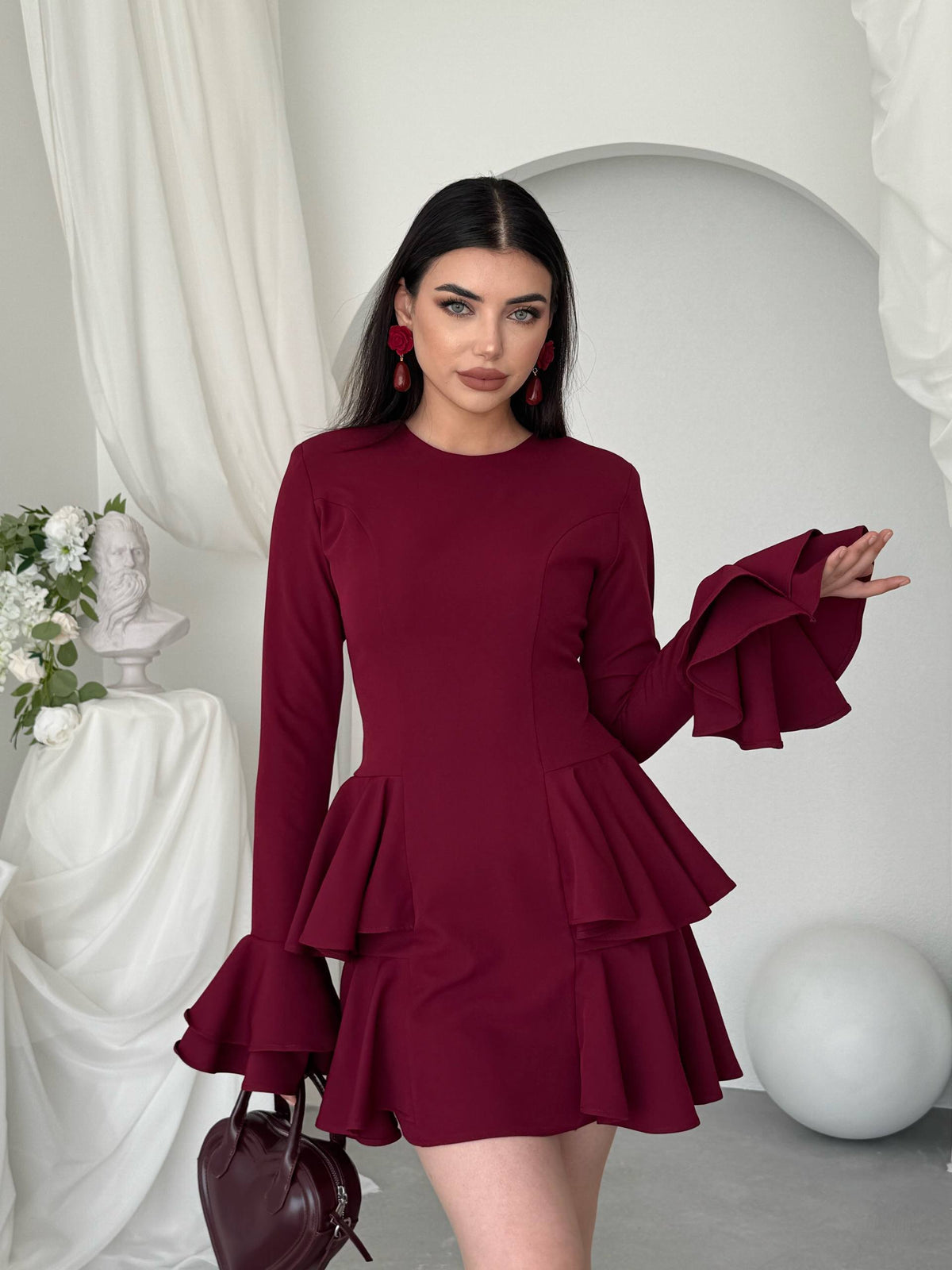 Çift Volanlı Kollu Mini Elbise - Peplum Detaylı Kadın Elbise