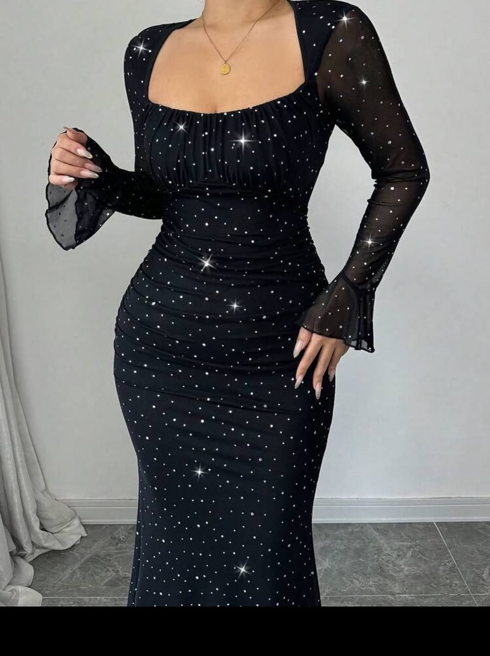 Taş İşlemeli Tül Payetli Mermaid Maxi Elbise - 2 Renk