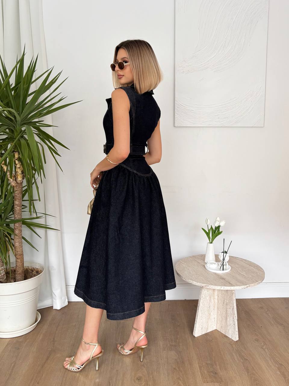 Denim Button-Down Dress with Belt Detail