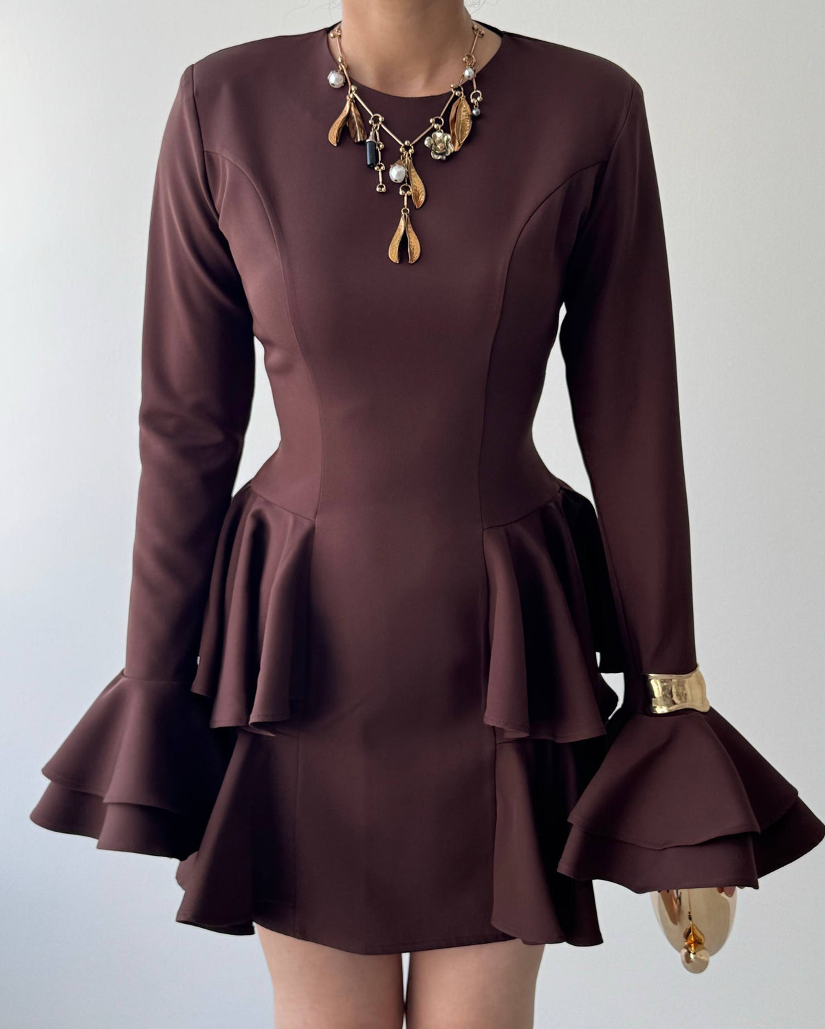 Çift Volanlı Kollu Mini Elbise - Peplum Detaylı Kadın Elbise